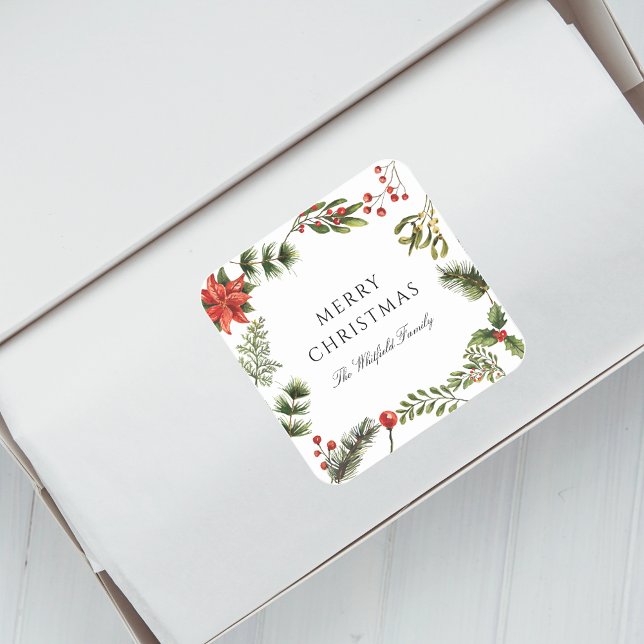 Watercolor Christmas Holidays Greenery Square Sticker (Christmas Red Berries Botanical Script Envelope Seal Sticker)