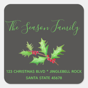 watercolor christmas holly address square sticker
