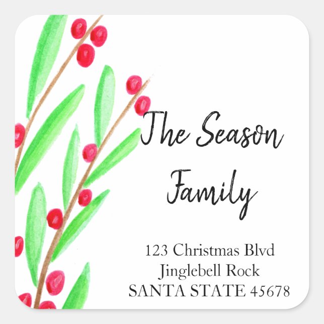 watercolor christmas holly address square sticker (Front)