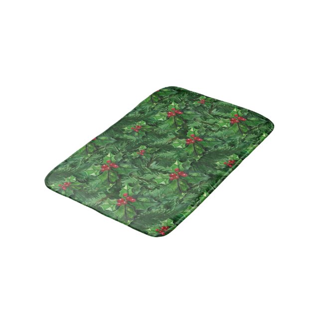 Watercolor Christmas Holly Berries Bath Mat (Angled)