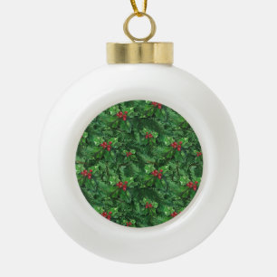 Watercolor Christmas Holly Berries Ceramic Ball Christmas Ornament