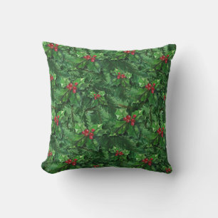 Watercolor Christmas Holly Berries Cushion