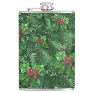 Watercolor Christmas Holly Berries Hip Flask
