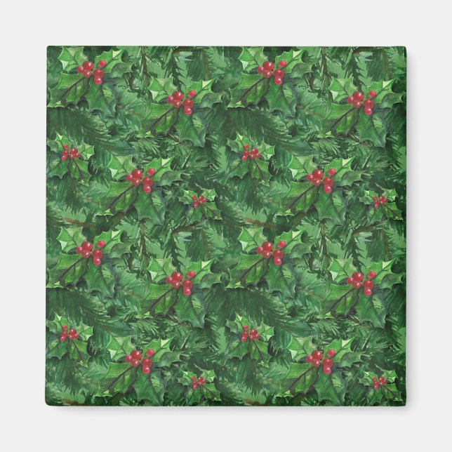Watercolor Christmas Holly Berries Magnet (Front)