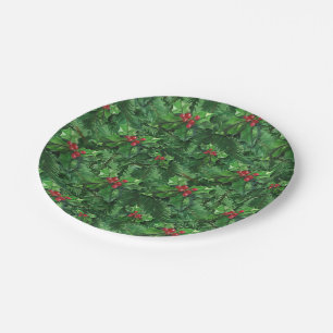 Watercolor Christmas Holly Berries Paper Plate