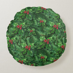 Watercolor Christmas Holly Berries Round Cushion