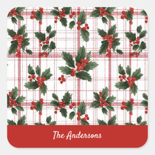 Watercolor Christmas Holly Berry Plaid Family Name Square Sticker