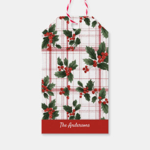 Watercolor Christmas Holly Berry Plaid Name Gift Tags
