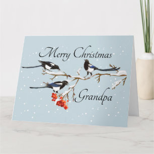Watercolor Christmas Holly Magpie Bird Grandpa Card