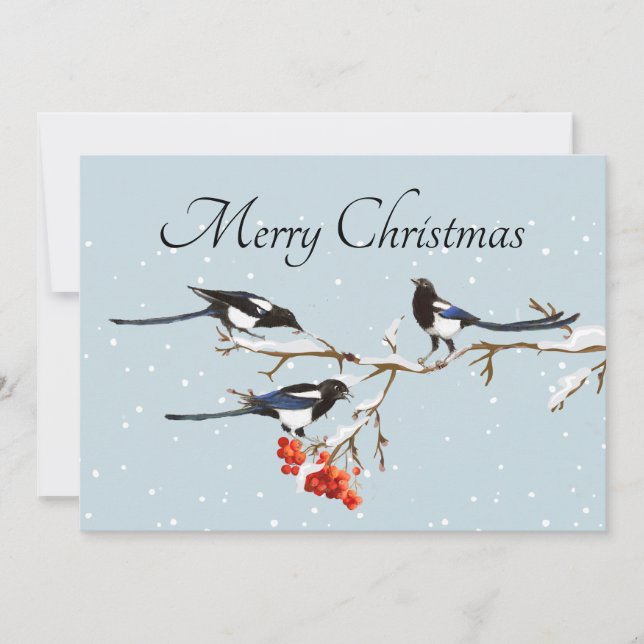 Watercolor Christmas Holly Magpie Bird Nature Art  Card (Front)
