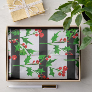 Watercolor Christmas Holly Modern Stripe Pattern Tissue Paper