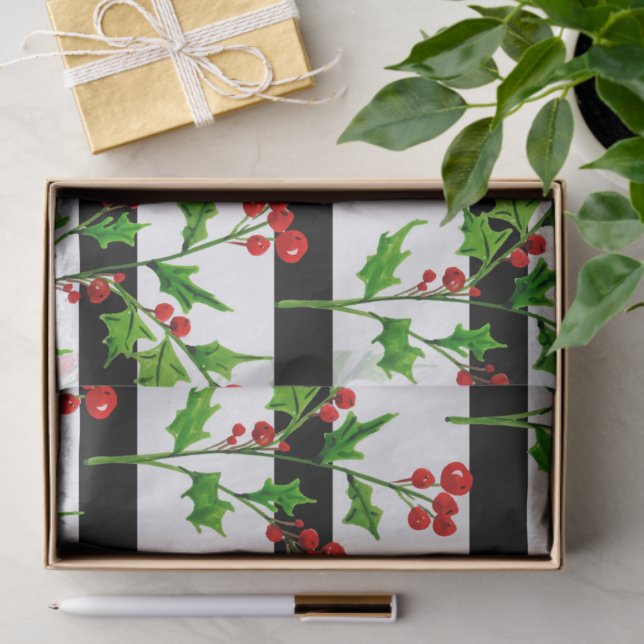 Watercolor Christmas Holly Modern Stripe Pattern Tissue Paper (Gift)