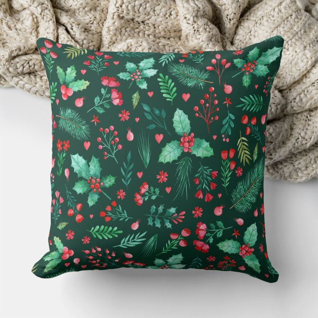 Watercolor Christmas Holly Red Berries Floral Cushion (Watercolor Christmas Holly with Winter Botanicals Throw Pillow)