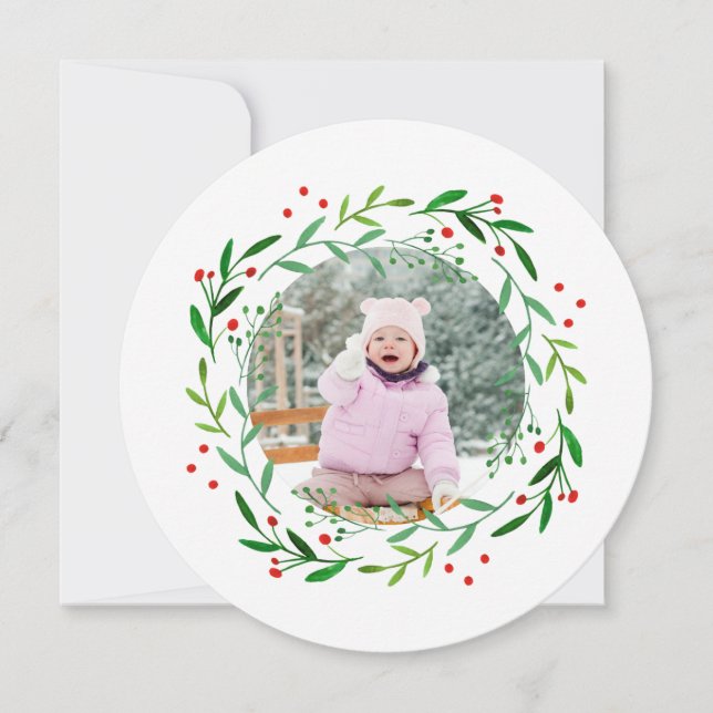 Watercolor Christmas Holly Wreath Photo Cards (Front)