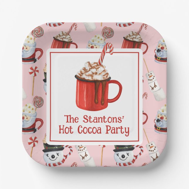 Watercolor Christmas Hot Chocolate Cocoa Party Paper Plate (Front)