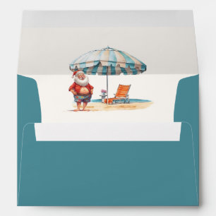 Watercolor Christmas in July Summer Santa Blue Envelope