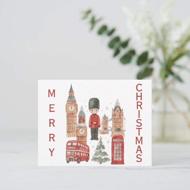 Watercolor Christmas in London Red Bus, Big Ben Postcard (Standing Front)
