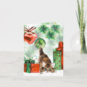 Watercolor Christmas Kitten Tree Presents Holiday Card