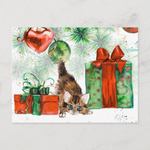 Watercolor Christmas Kitten Tree Presents Holiday Postcard