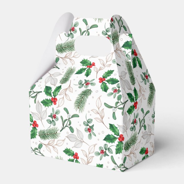 Watercolor Christmas Leaves and Berries White Favour Box (Front Side)