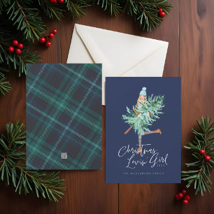 Watercolor Christmas Lovin' Girl Holding Pine Tree Holiday Card