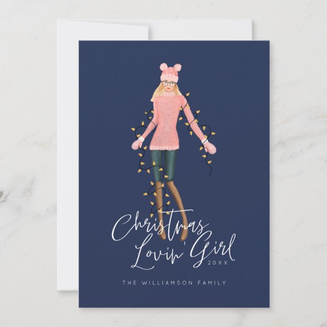 Watercolor Christmas Lovin' Girl Wrapped In Lights Holiday Card (Front)