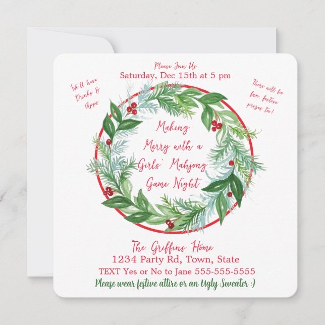 Watercolor Christmas MAHJONG Holiday Wreath  Invitation (Front)