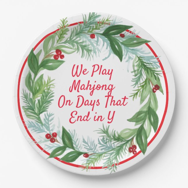 Watercolor Christmas MAHJONG Holiday Wreath  Paper Plate (Front)