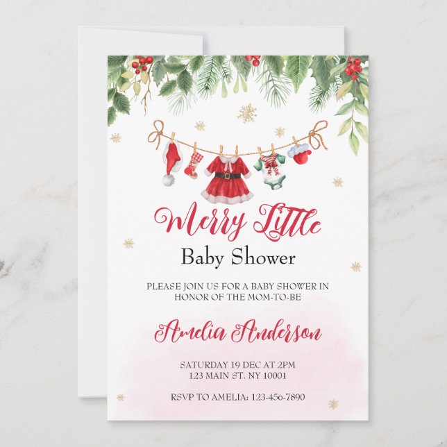 Watercolor Christmas Merry Little Girl Baby Shower Invitation (Front)