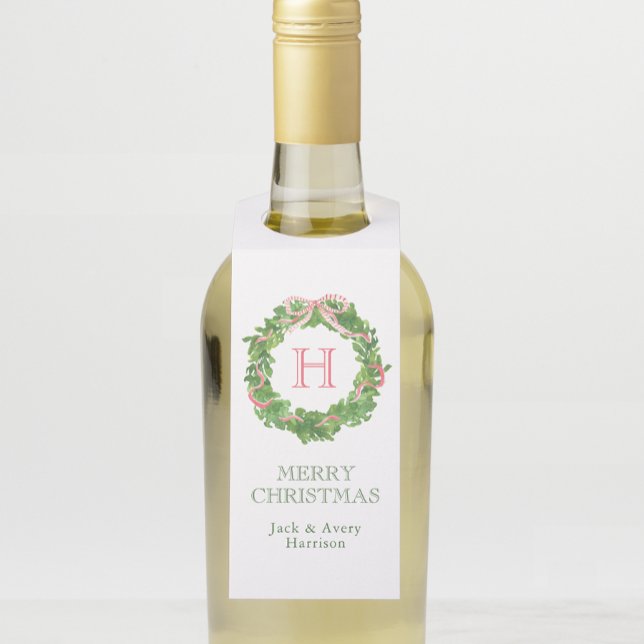Watercolor Christmas Monogram Striped Bow Wreath Bottle Tag (Creator Uploaded)