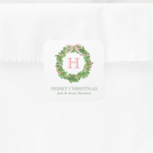 Watercolor Christmas Monogram Striped Bow Wreath Square Sticker
