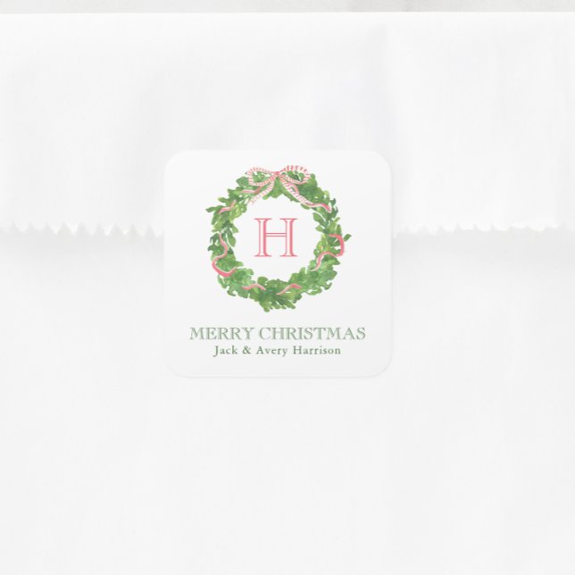 Watercolor Christmas Monogram Striped Bow Wreath Square Sticker (Creator Uploaded)