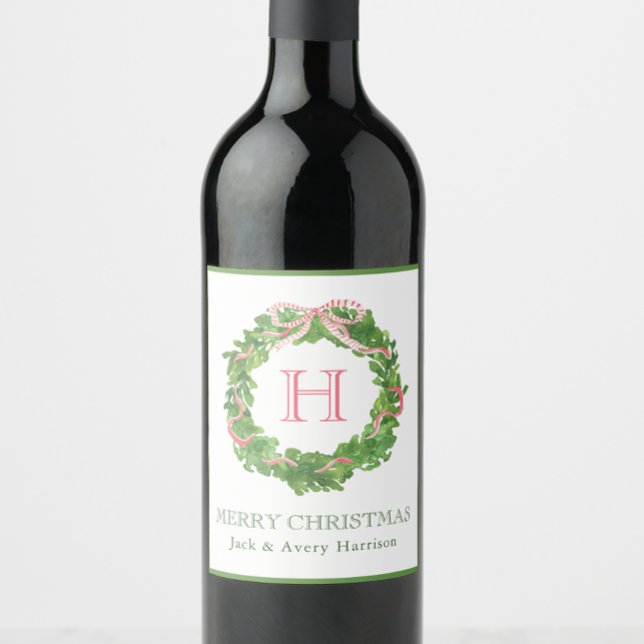 Watercolor Christmas Monogram Striped Bow Wreath Wine Label (Creator Uploaded)