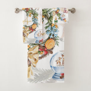Watercolor Christmas Monogrammed Bath Towel Set