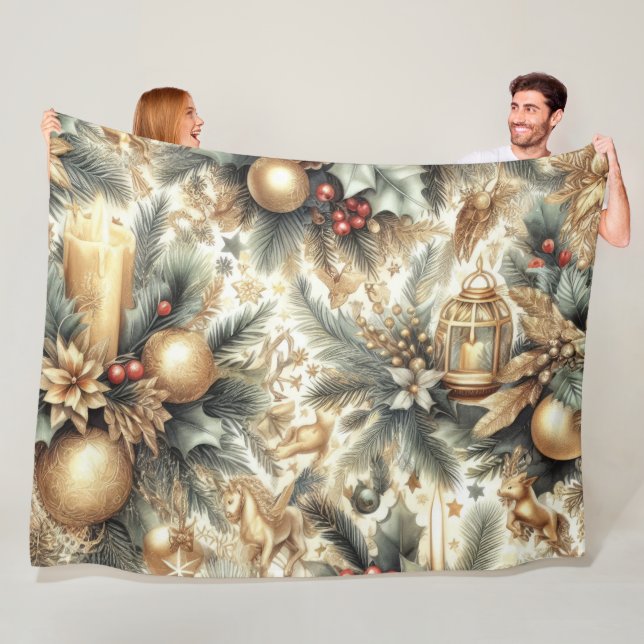 Watercolor Christmas Motif Holiday Gold Fleece Blanket (In Situ)