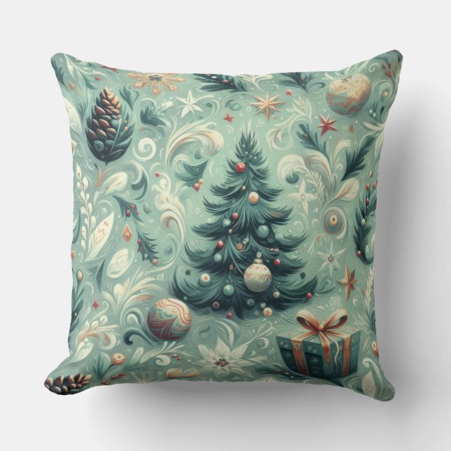 Watercolor Christmas Motif Holiday Whimsy Green Cushion (Front)