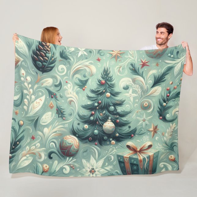 Watercolor Christmas Motif Holiday Whimsy Green Fleece Blanket (In Situ)