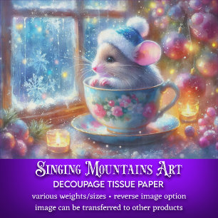 Watercolor Christmas Mouse In Teacup Decoupage Tissue Paper
