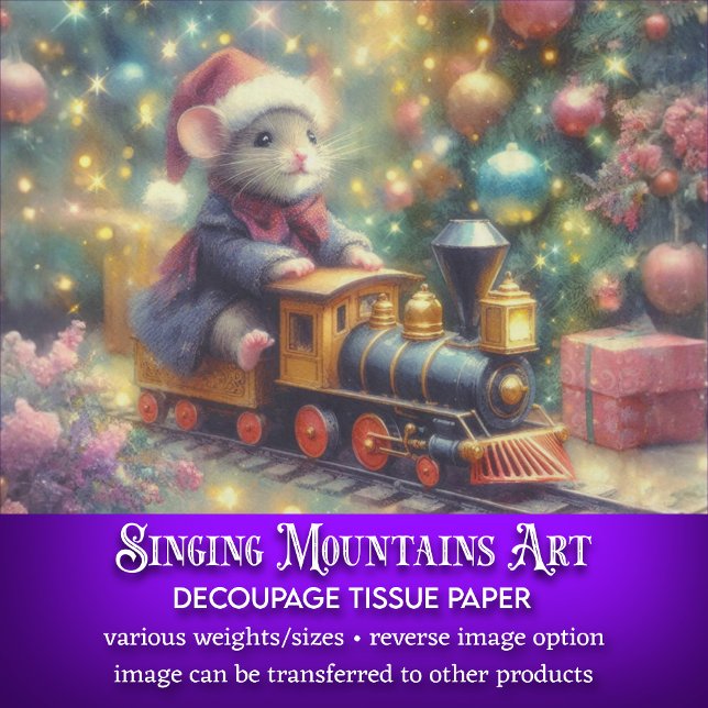 Watercolor Christmas Mouse Riding Train Decoupage Tissue Paper (Creator Uploaded)
