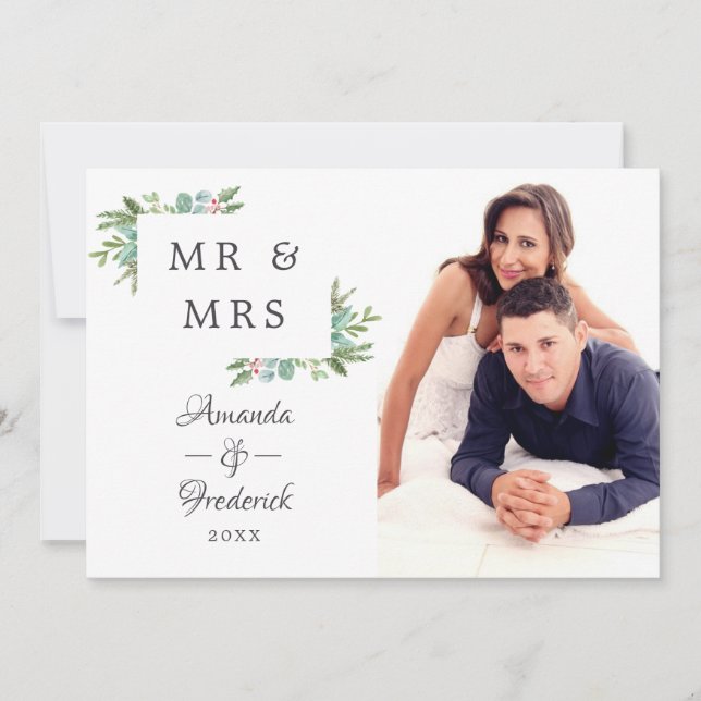 Watercolor Christmas Mr and Mrs photo Holiday Card (Front)