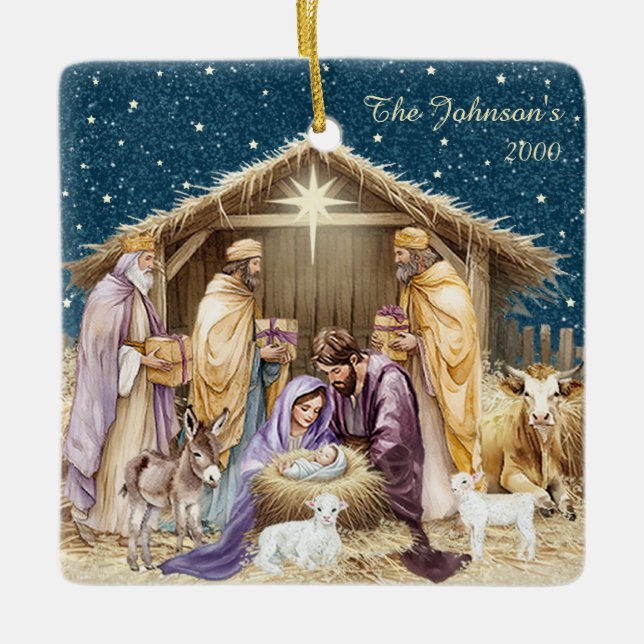 Watercolor Christmas Nativity Ceramic Ornament (Front)