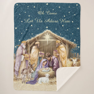 Watercolor Christmas Nativity Sherpa Blanket