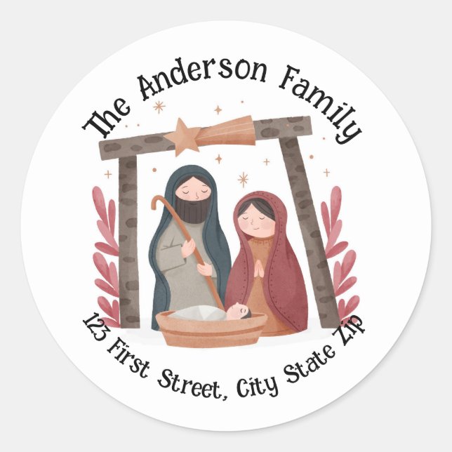 Watercolor Christmas Night Nativity Scene  Classic Round Sticker (Front)