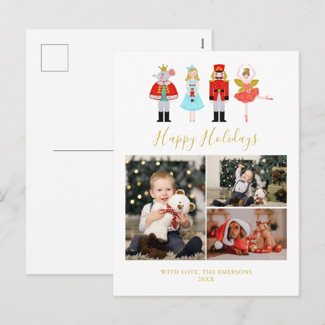 Watercolor Christmas Nutcracker 3 Photo Collage Ho Holiday Postcard (Front/Back)