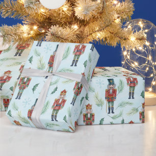 Watercolor Christmas Nutcrackers and Evergreen Wrapping Paper