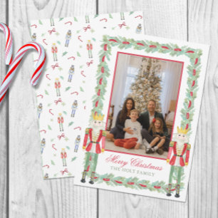 Watercolor Christmas Nutcrackers & Garland Photo Holiday Card