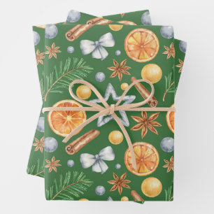Watercolor Christmas Orange Spice, Evergreen  Wrapping Paper Sheet