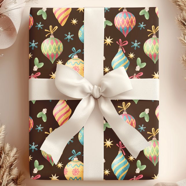 Watercolor Christmas Ornament Brown Holiday Wrapping Paper (Creator Uploaded)