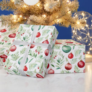 Watercolor Christmas Ornaments and mistletoe Wrapping Paper