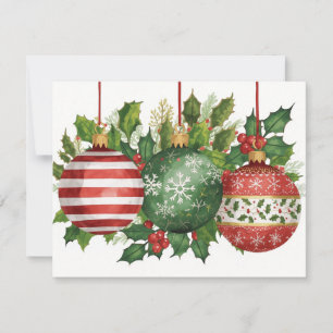 Watercolor Christmas Ornaments Holly Garland Holiday Card